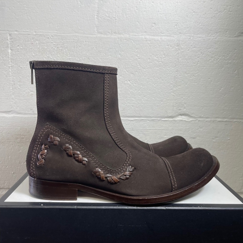 KENZO Ankle Boots Cap Toe Woven Dark Brown Suede Back Zip Men's Size 7 UK/8 US